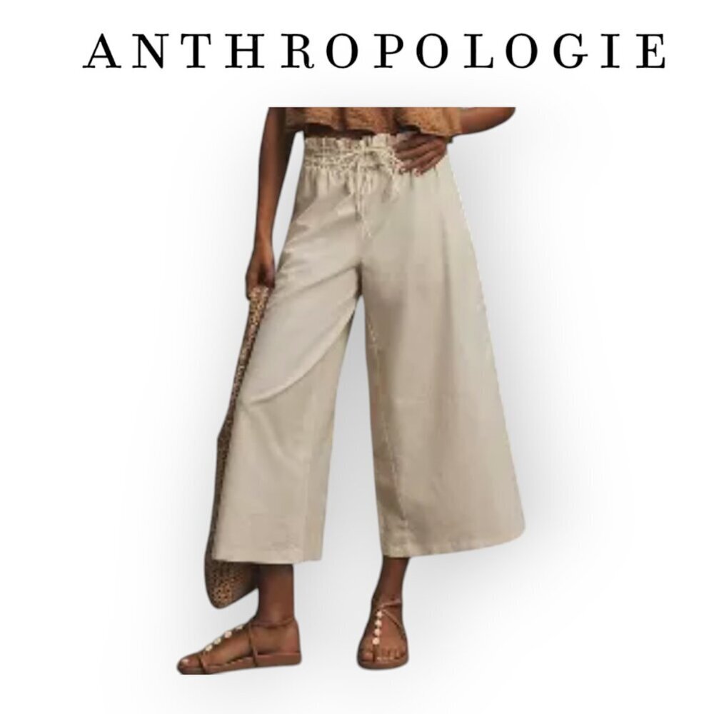 Anthropologie ivory linen wide-leg ankle-length boho pull-on pants size XL NWT